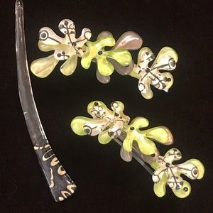 LUCITE HAIR BARRETTES & CHIGNON PIN VTG ONE OF A KIND GORGEOUS LIME GREEN FRANCE